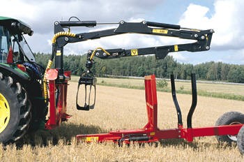 Ryetec forestry crane removed from trailer for independant use on 3 point linkage of tractor